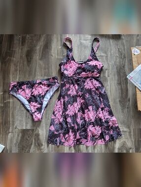 SHEIN Black Swim Dress with Pink Floral Bikini Set